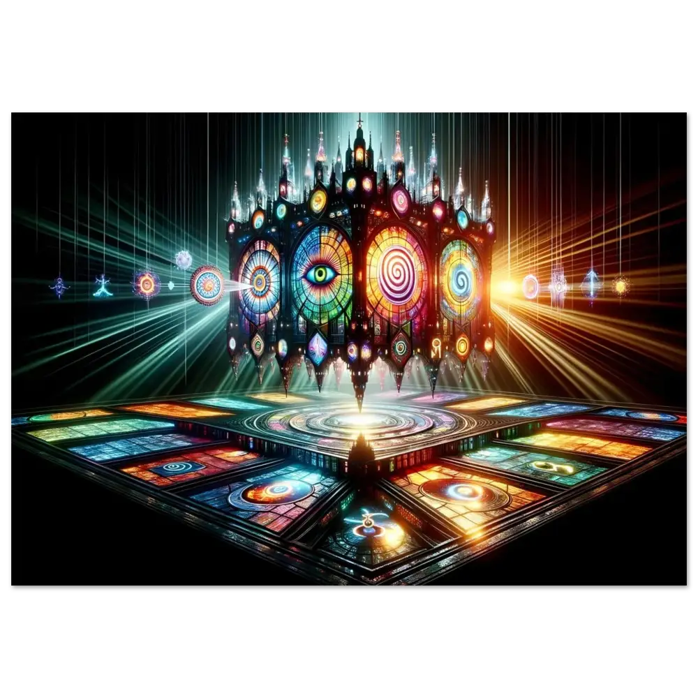 Ornate stained-glass cathedral depicted in Cathedral of the Mind’s Eye Poster by PixiOnyx