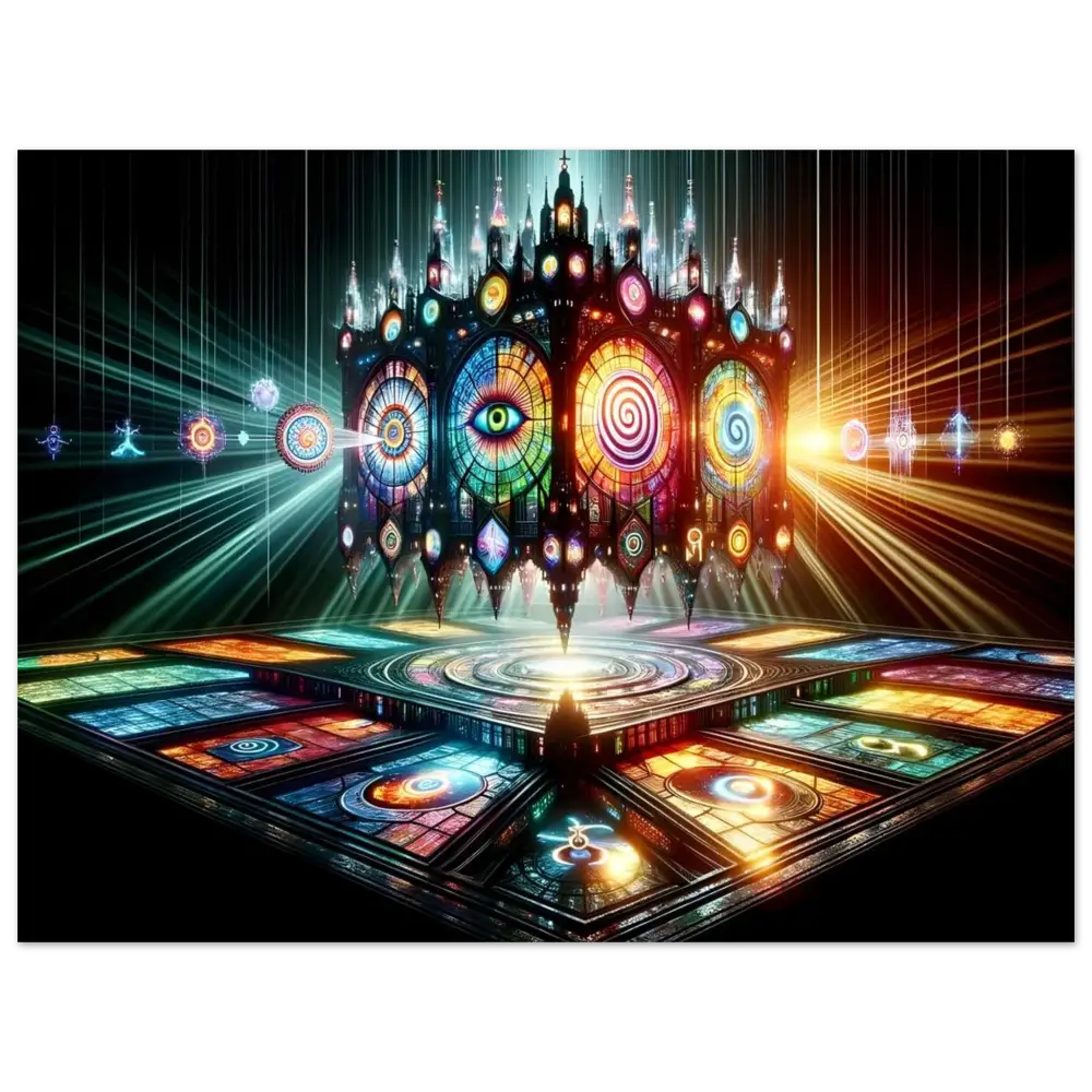 Ornate stained-glass cathedral with mystical symbols from the Cathedral of the Mind’s Eye Poster