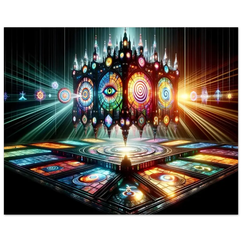 Ornate stained-glass cathedral featured in Cathedral of the Mind’s Eye Poster by PixiOnyx