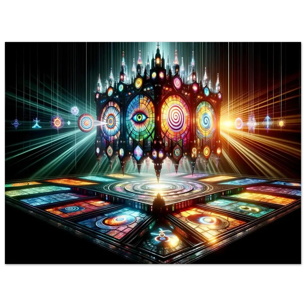 Ornate stained-glass cathedral cube artwork from Cathedral of the Mind’s Eye Poster