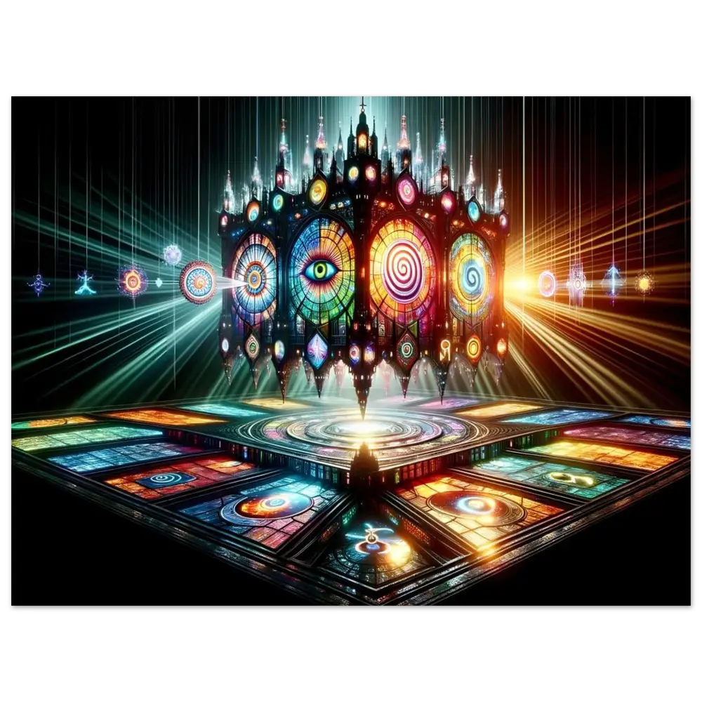 Ornate stained-glass cathedral viewed as a hypnotic temple of light in fine art print