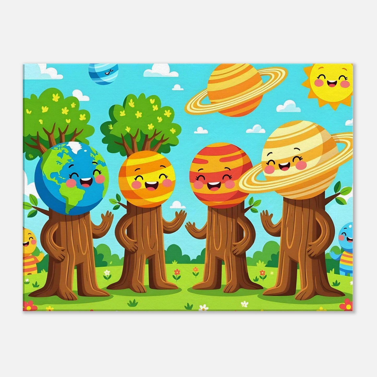 Cartoon planet-headed tree characters from Canvas Cosmic Tree Friends PixiOnyx Stellar Kids Art