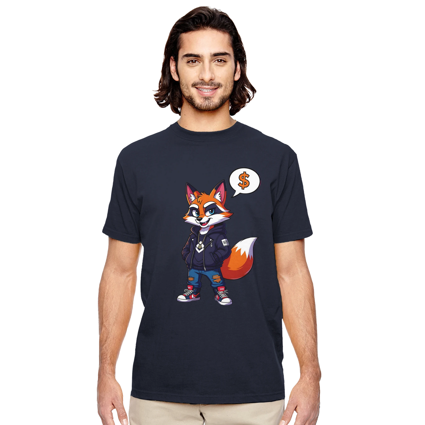 Man wearing Organic Unisex T-shirt with cartoon fox print from PixiOnyx Street Style