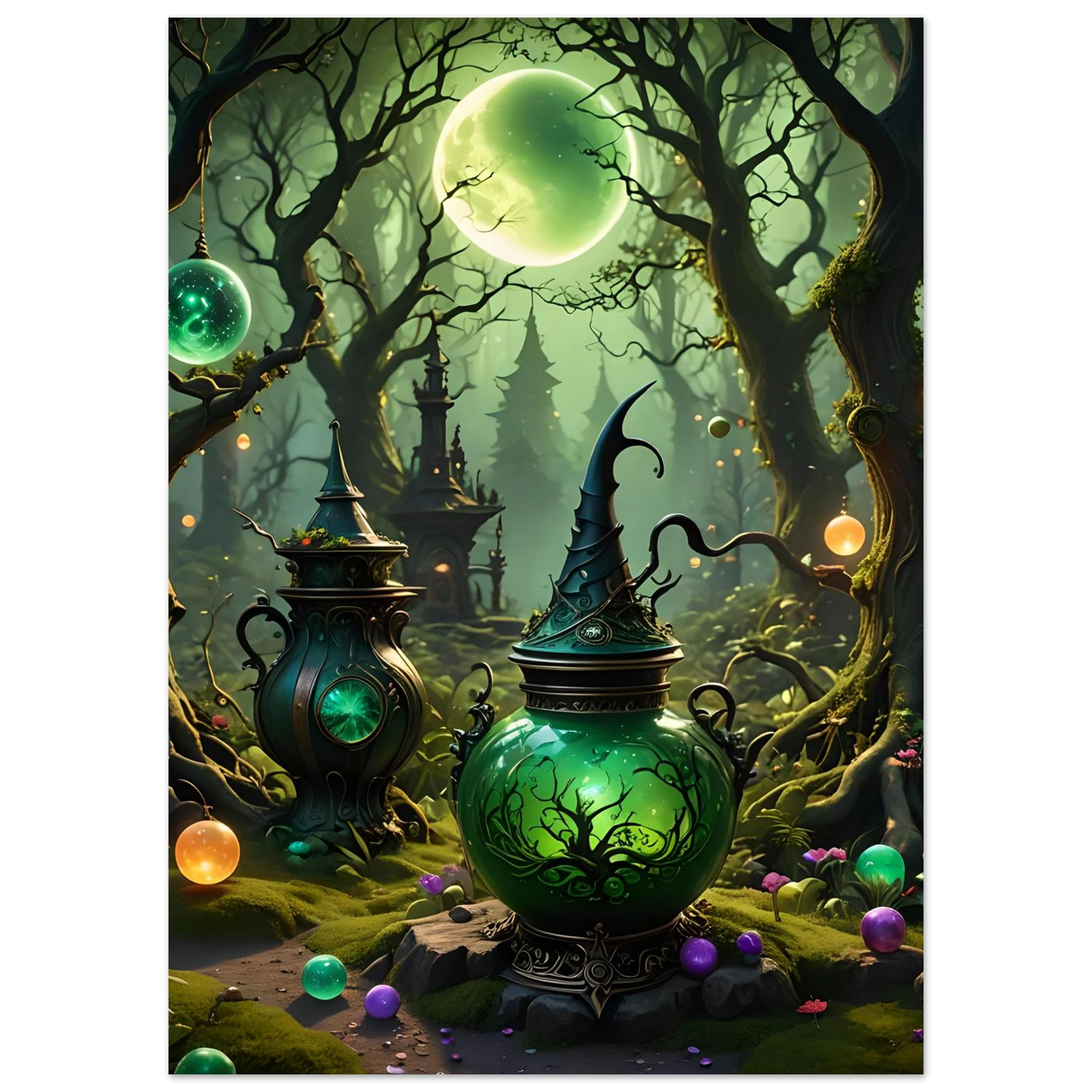 Green magical potion pot with witch hat lid from Witchcraft Forest Fine Art Poster