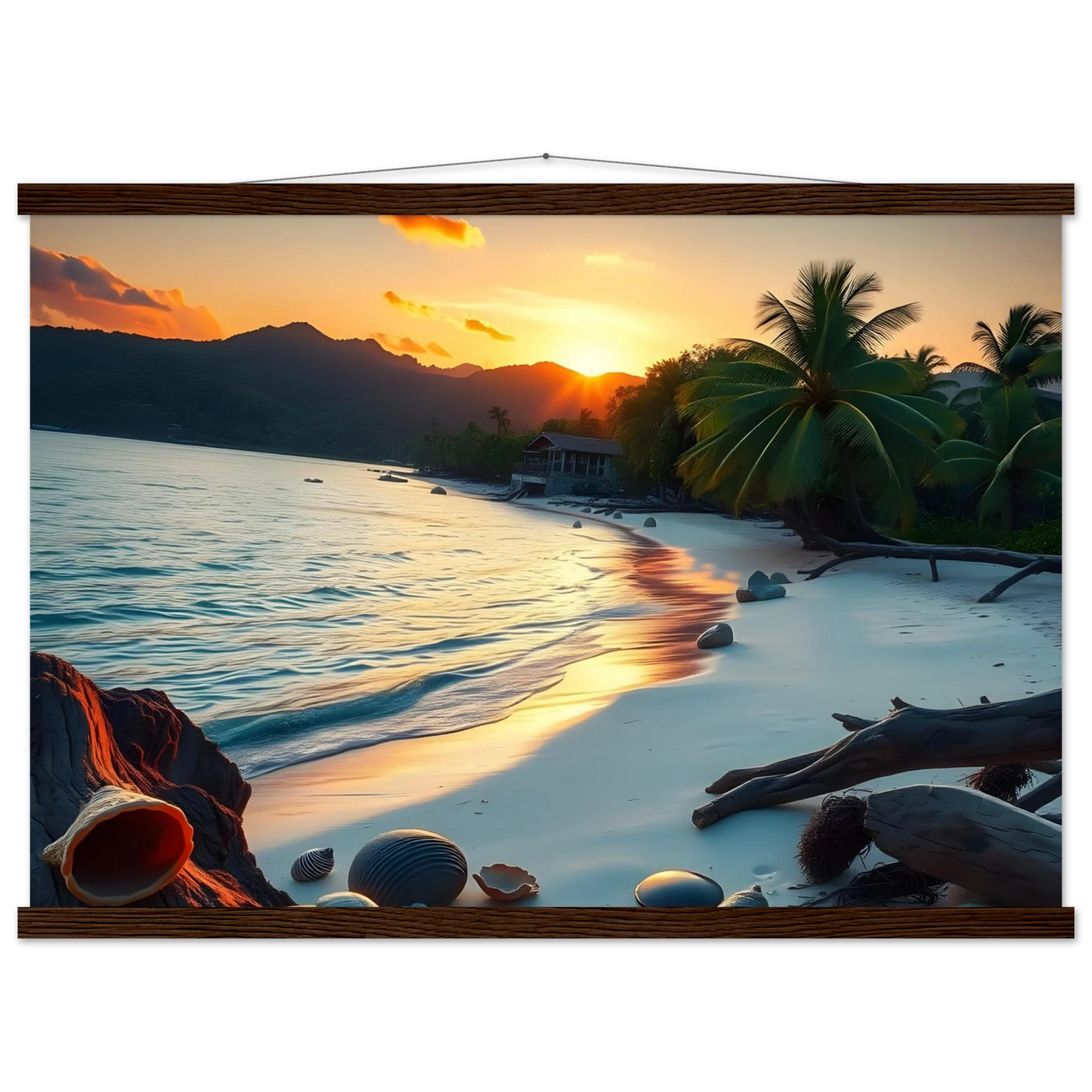 Tropical beach sunset wall hanging poster with hanger for tropical decor
