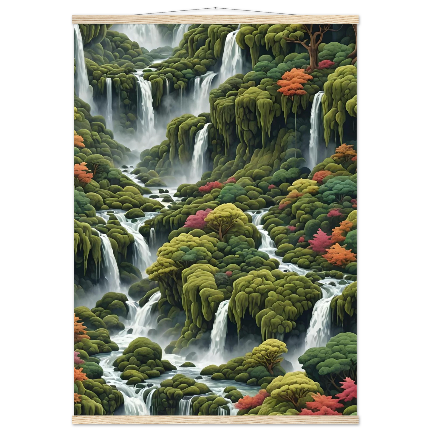 Waterfall mossy landscape art poster with hanger for nature-inspired decor