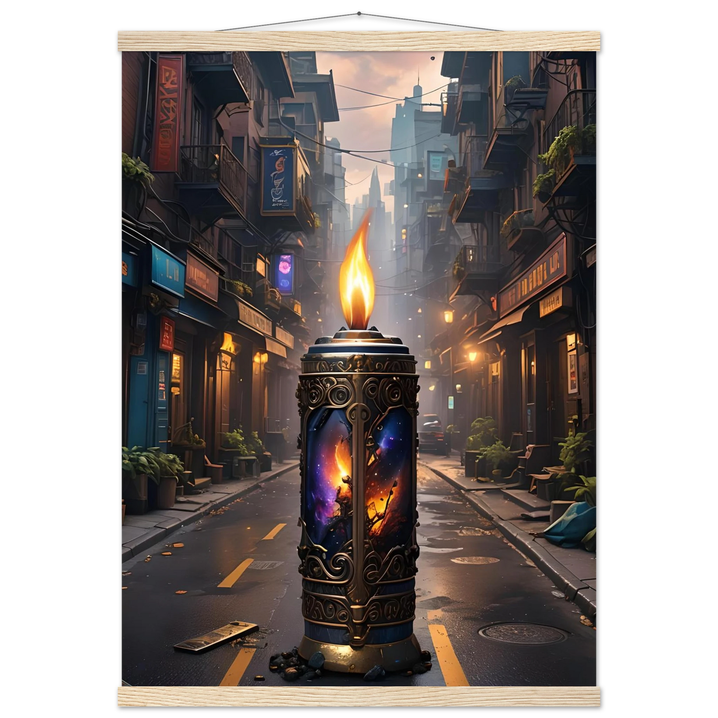Ornate candle with cosmic imagery on Galactic Flame Hanging Matte Poster PixiOnyx Exclusive