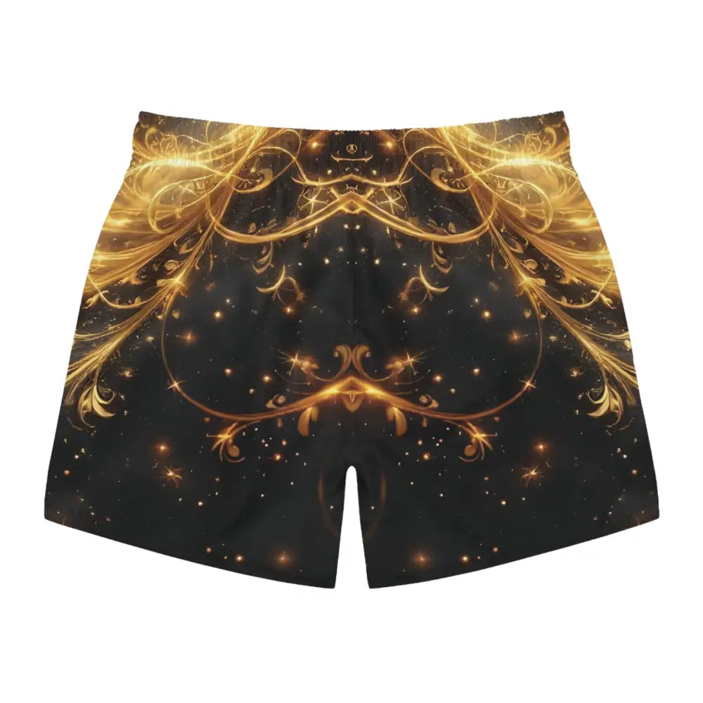 Black and gold patterned Celestial Baroque Swim Trunks with ornate gold filigree design