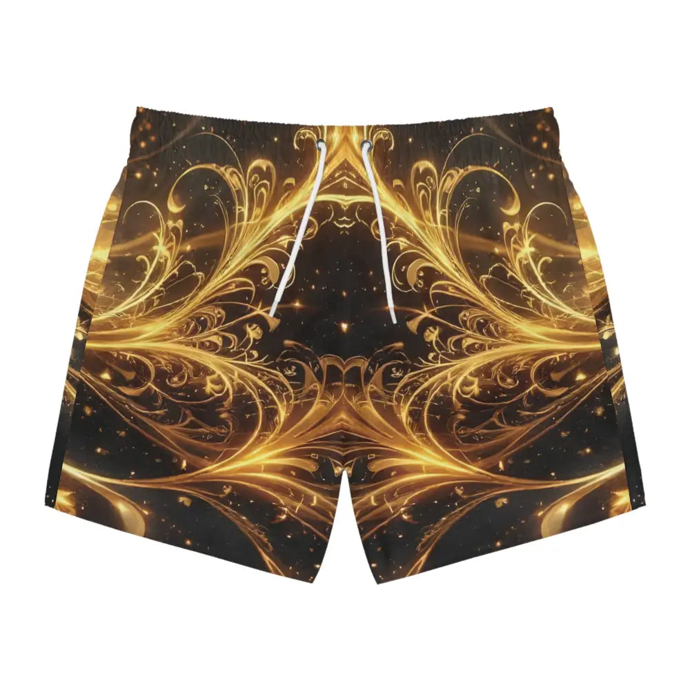 Golden floral patterned swim trunks from PixiOnyx Luxe with ornate gold filigree on black fabric