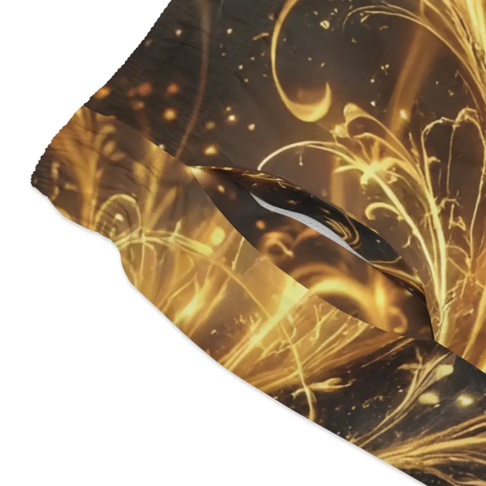 Golden abstract patterned fabric for Celestial Baroque Swim Trunks on PixiOnyx Luxe Shorts
