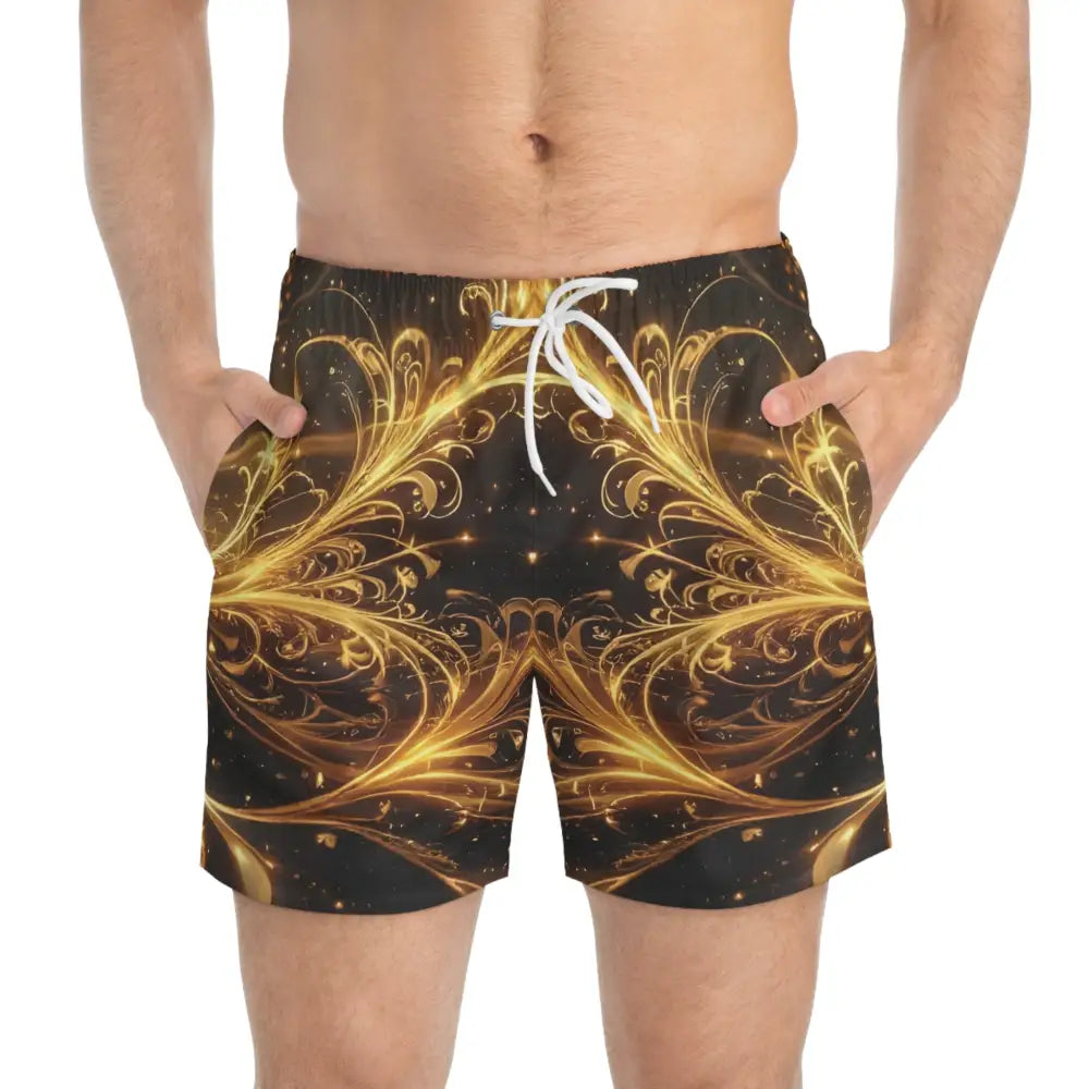 Men’s swim trunks with ornate gold floral filigree design on black fabric
