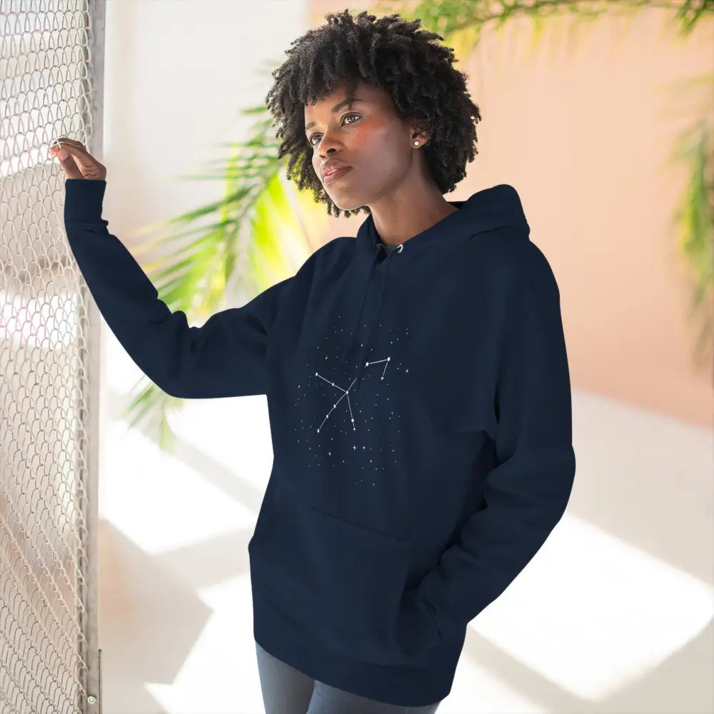 Navy blue celestial fleece hoodie with constellation design, adjustable hood, and spacious kangaroo pocket