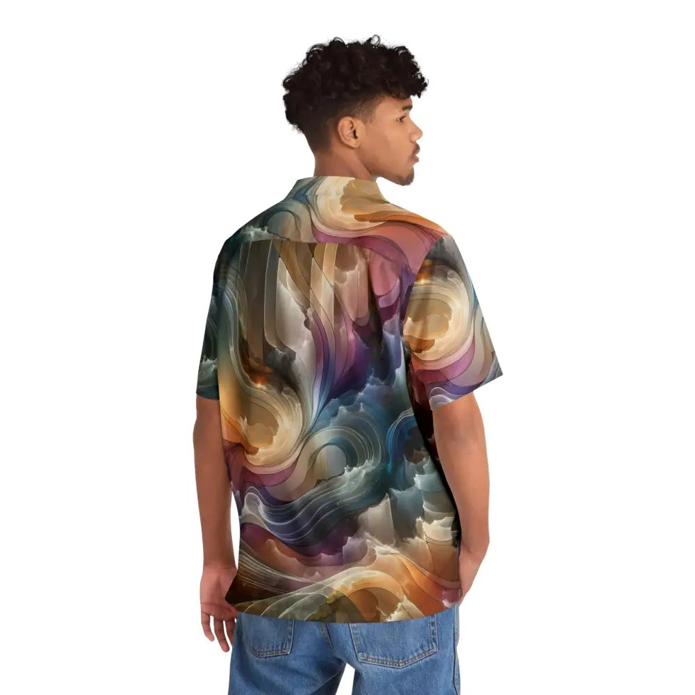 Abstract patterned short-sleeved men’s Hawaiian shirt with psychedelic fluid print by PixiOnyx