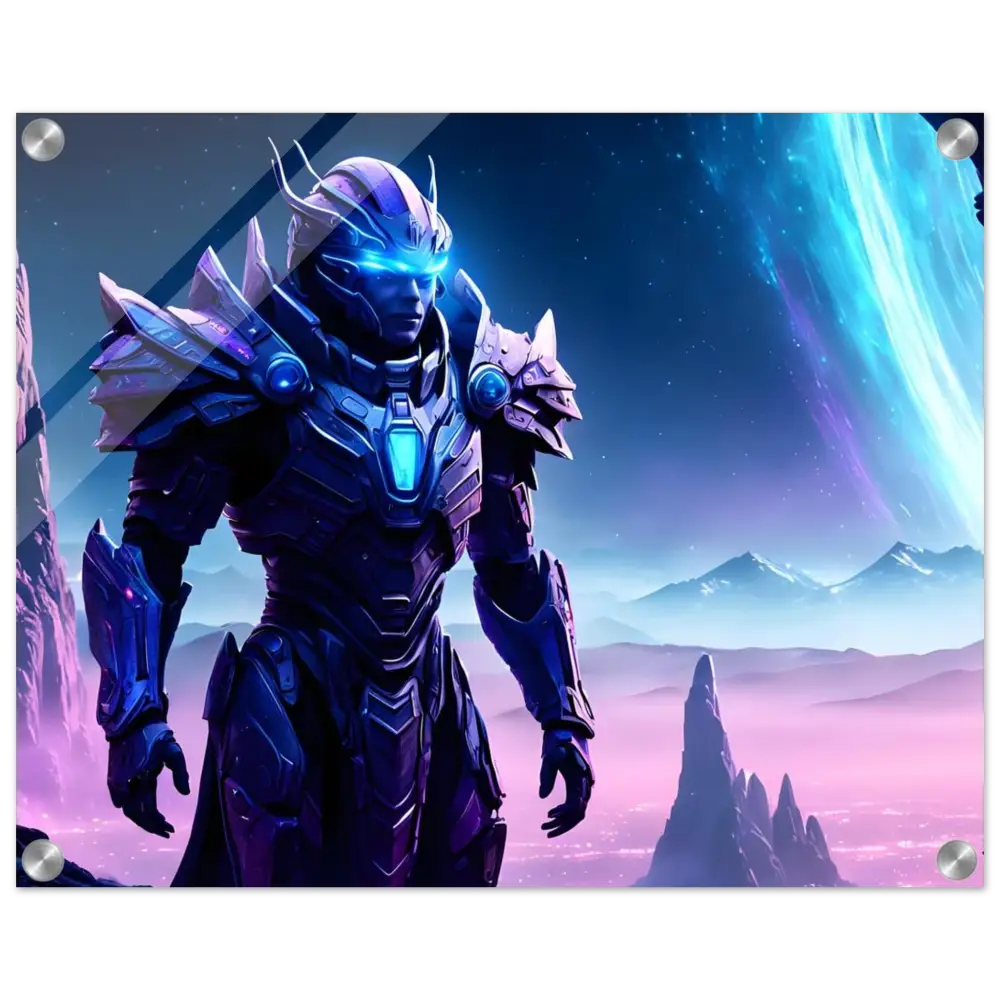 Futuristic armored warrior displayed on Celestial Vanguard Acrylic Print Voidsteel Vision PixiOnyx
