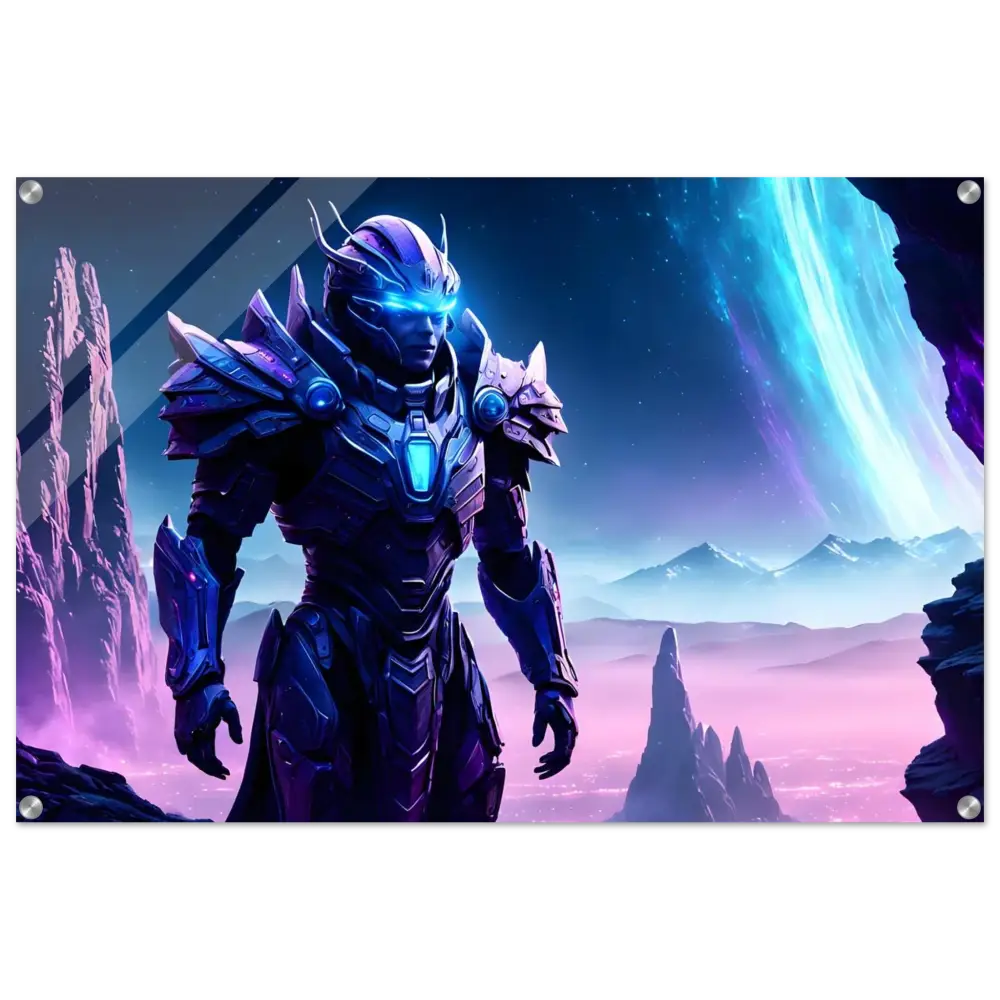 Futuristic armored warrior displayed on Celestial Vanguard Acrylic Print in Voidsteel Vision style