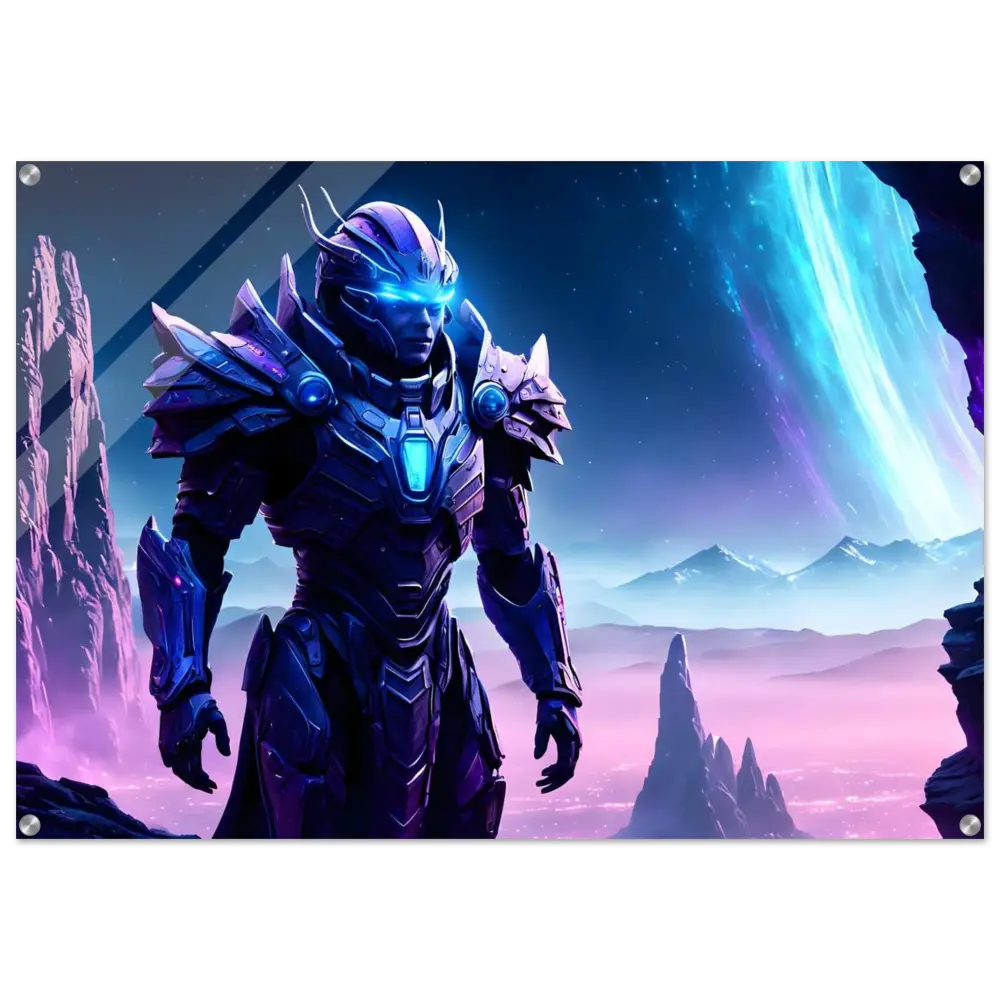 Futuristic armored warrior displayed on Celestial Vanguard Acrylic Print Voidsteel Vision