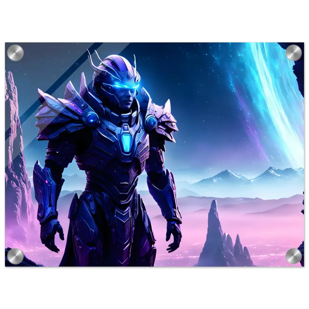 Futuristic armored warrior acrylic print titled Celestial Vanguard Voidsteel VisionPixiOnyx