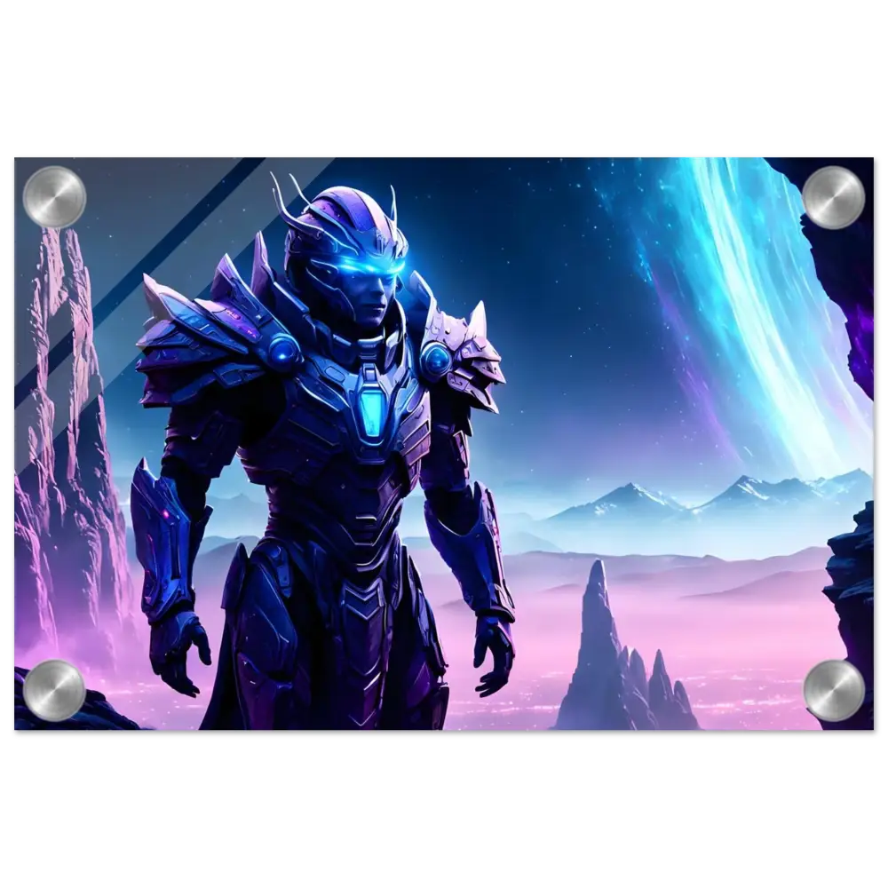Futuristic armored warrior depicted in Celestial Vanguard Acrylic Print Voidsteel Vision