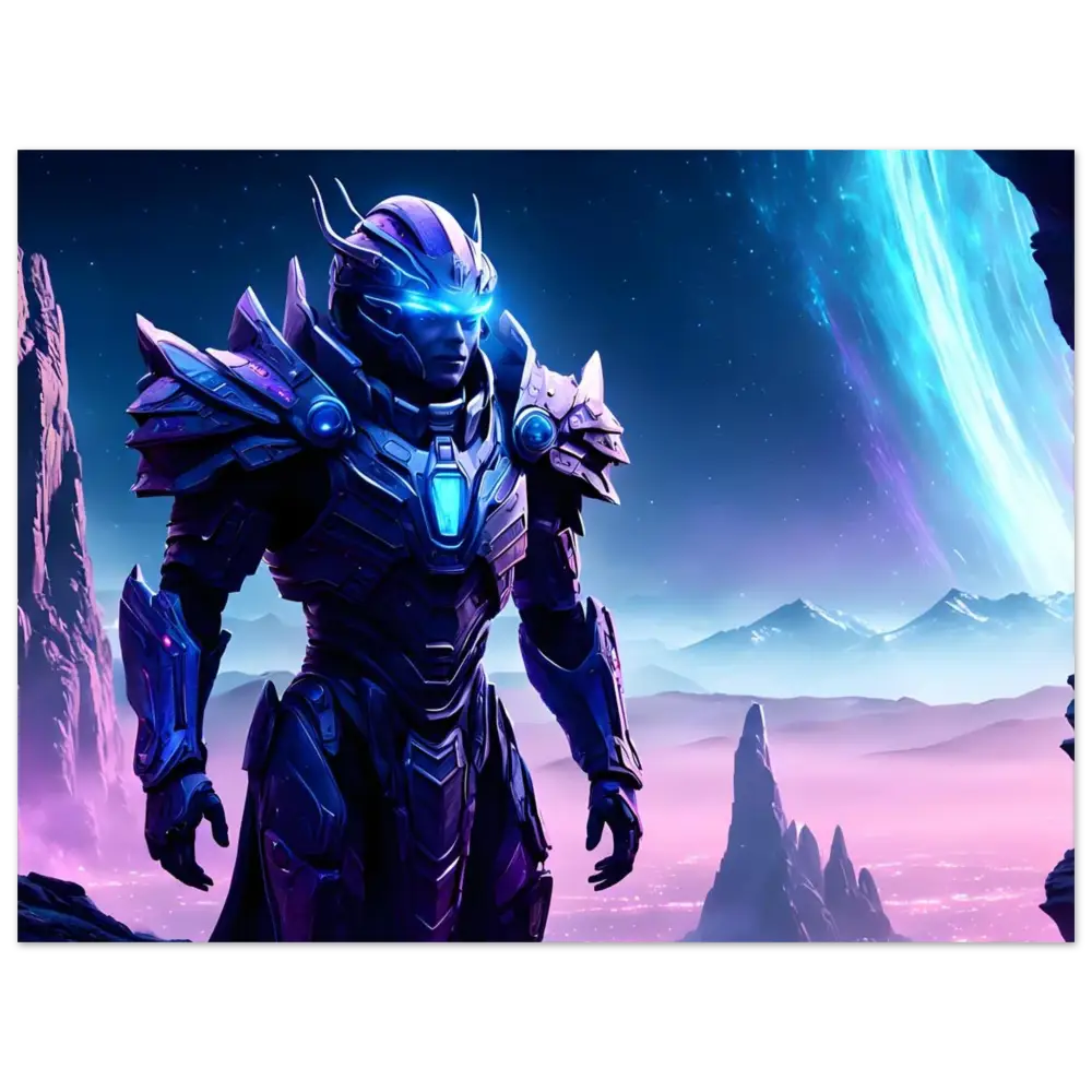 Futuristic armored warrior on Celestial Vanguard Aluminum Print for Hyperlight Watch display