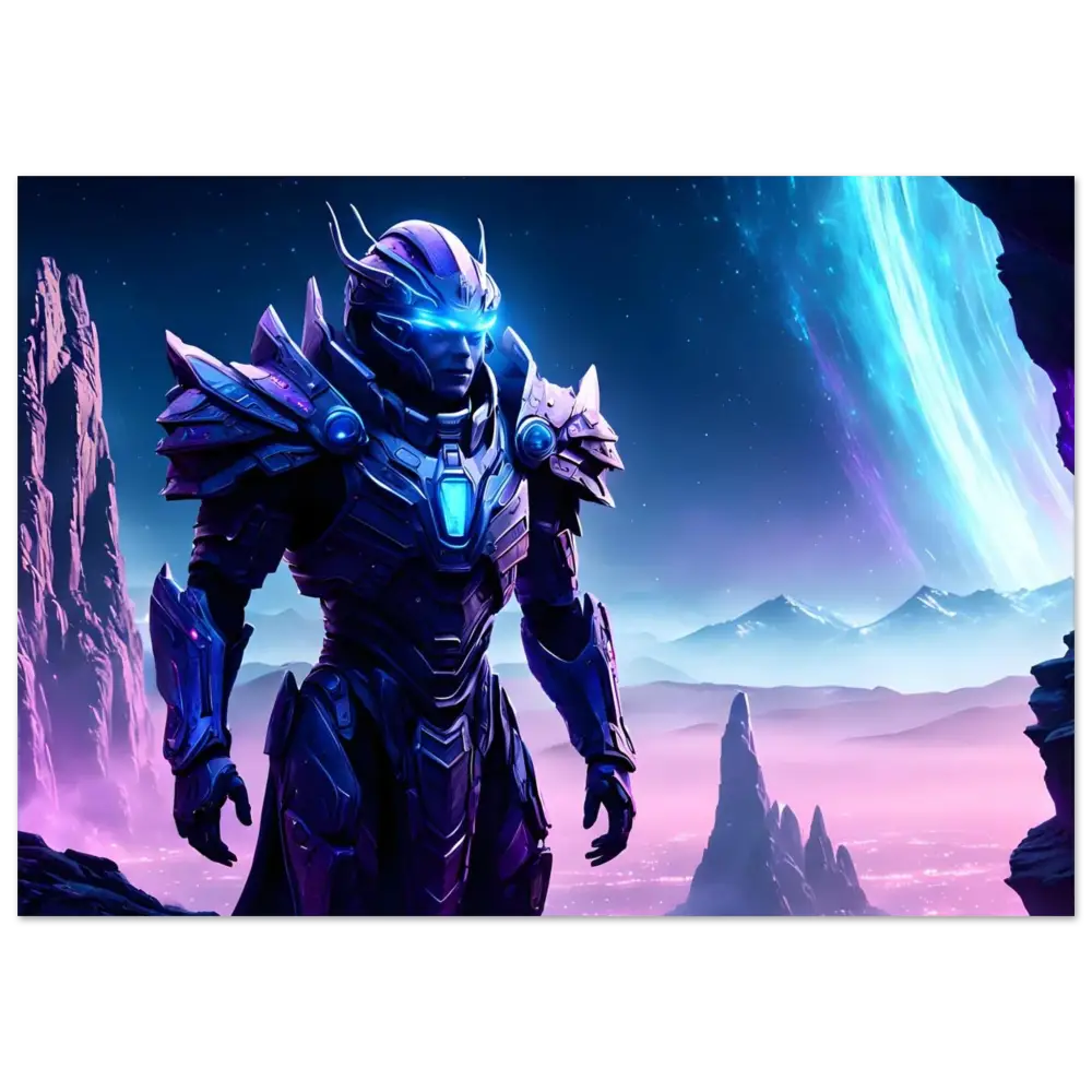 Futuristic armored warrior displayed on Celestial Vanguard Aluminum Print for Hyperlight Watch