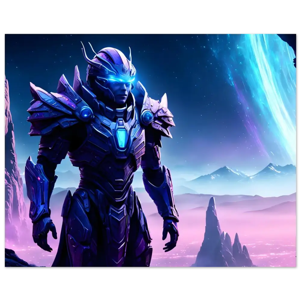 Futuristic armored warrior on Celestial Vanguard Aluminum Print for Hyperlight Watch display