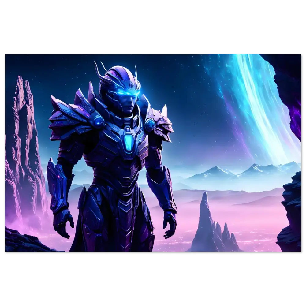 Futuristic armored warrior depicted on Celestial Vanguard Aluminum Print for Hyperlight Watch