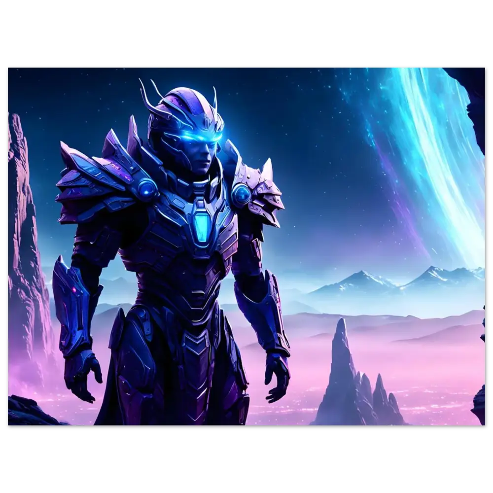 Futuristic armored warrior featured on Celestial Vanguard Aluminum Print for Hyperlight Watch