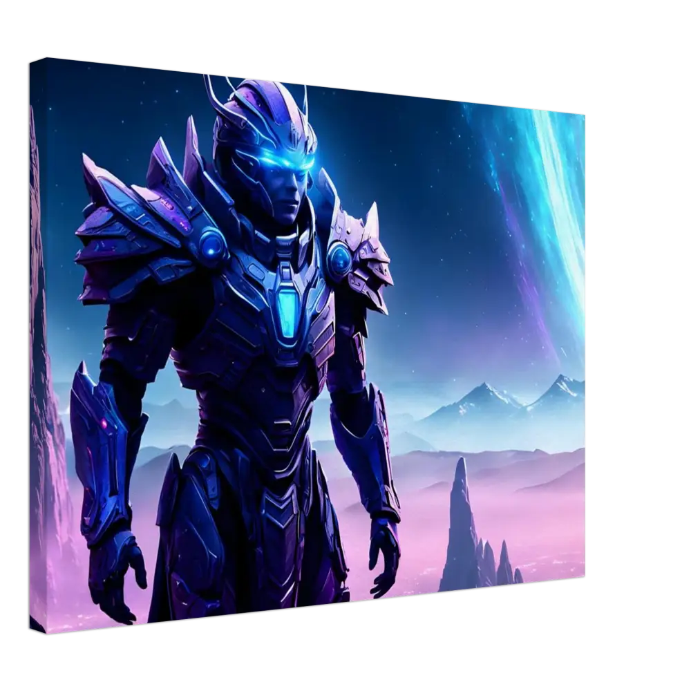 Futuristic armored warrior illustration for Celestial Vanguard Canvas PixiOnyx Wall Art