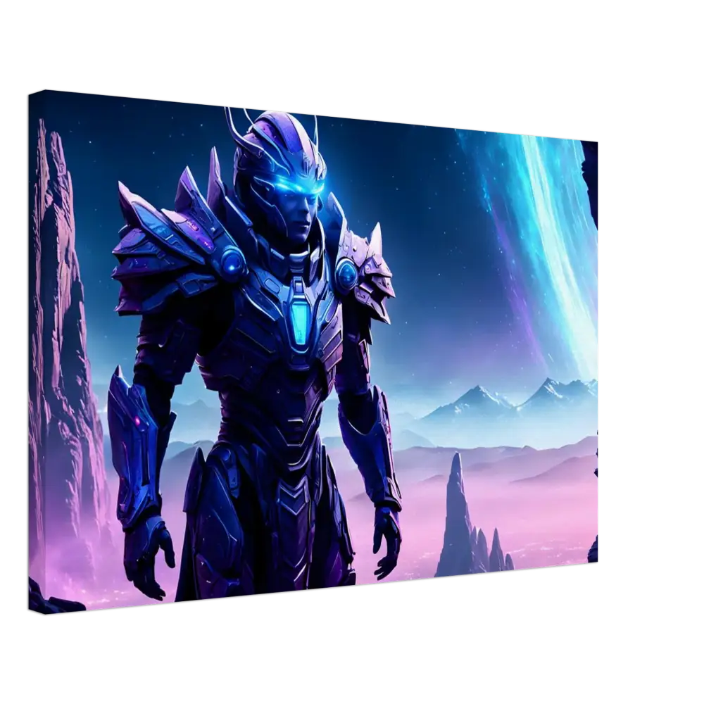 Futuristic armored warrior depicted in Celestial Vanguard Canvas Battleborn Starlight Wall Art