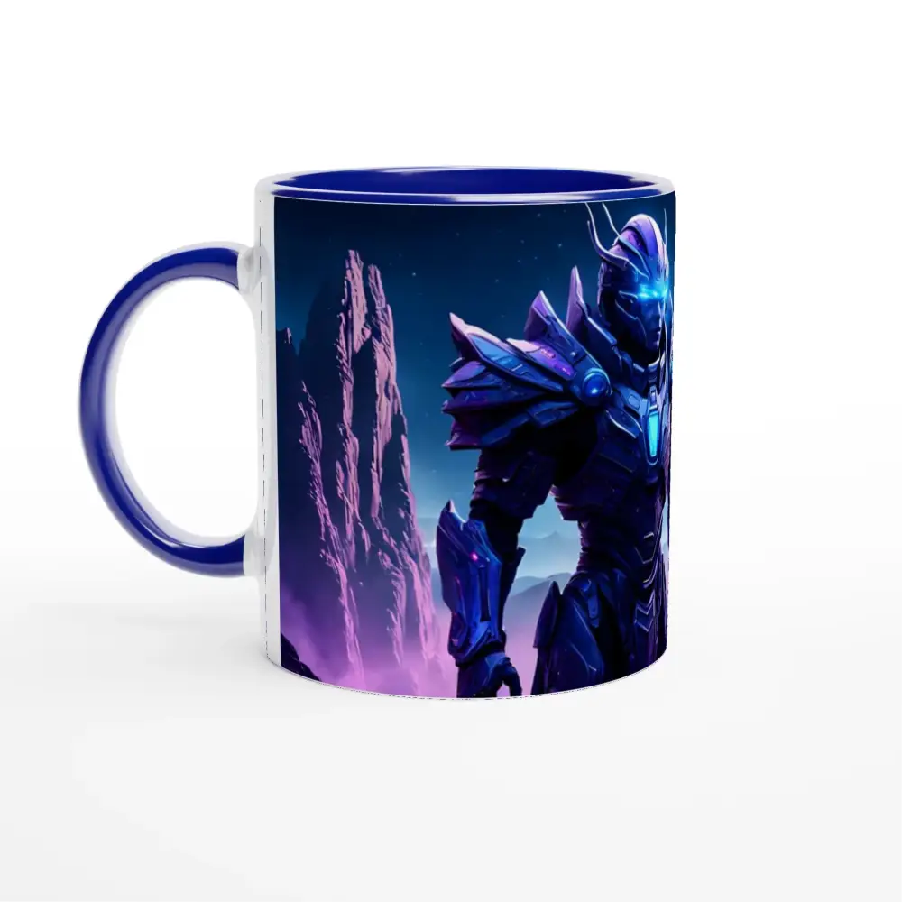 Blue-handled Mug with Futuristic Warrior Design from Celestial Vanguard Galactic Guard Brew