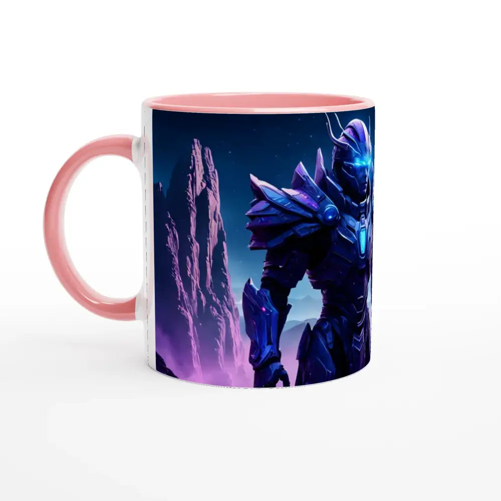 Pink-handled Celestial Vanguard Mug with futuristic knight design, PixiOnyx 11oz Cosmic Cup