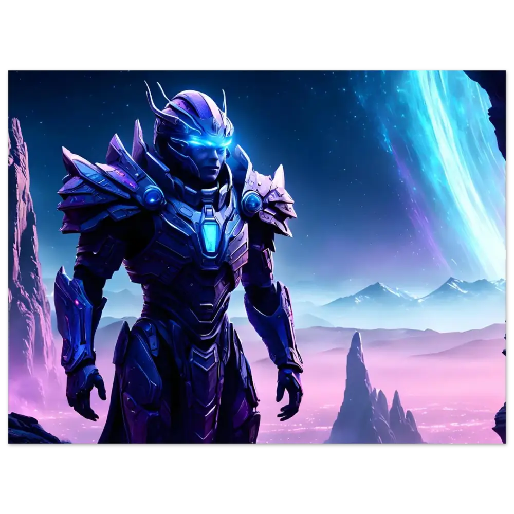 Futuristic armored warrior from Celestial Vanguard Poster Nebula War Sentinel PixiOnyx Fine Art Print