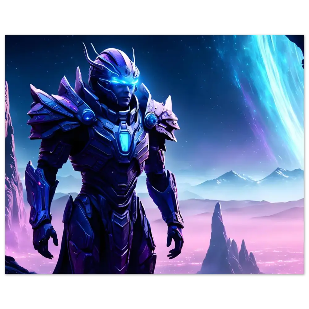 Futuristic armored warrior featuring in Celestial Vanguard Poster Nebula War Sentinel PixiOnyx Fine Art Print