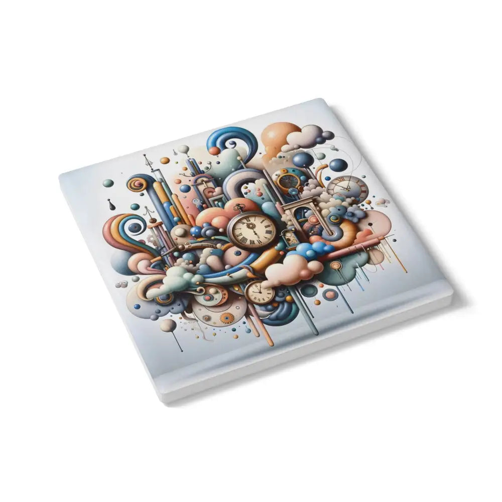 Square ceramic coaster with whimsical pastel clockwork design from PixiOnyx Whimsical Tableware