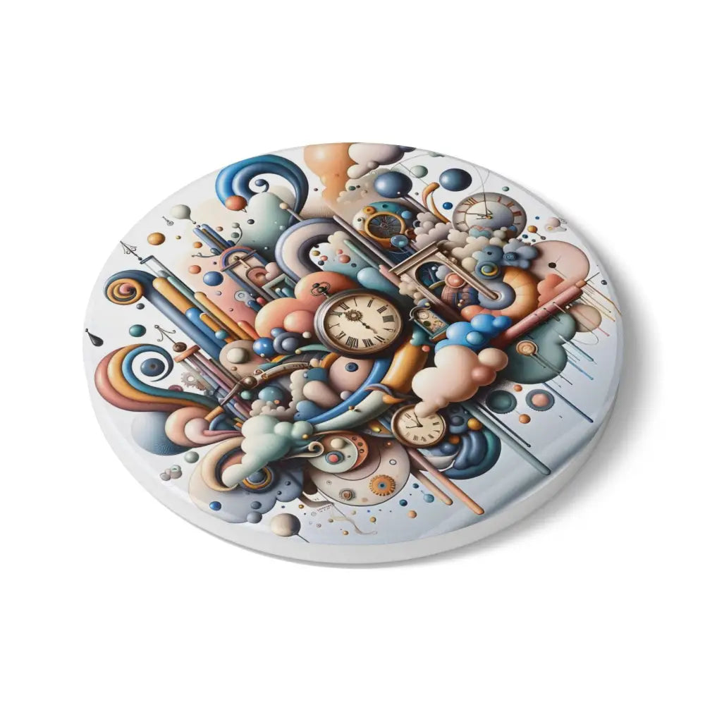 Round whimsical clockwork ceramic coaster from PixiOnyx Pastel Mechanica collection