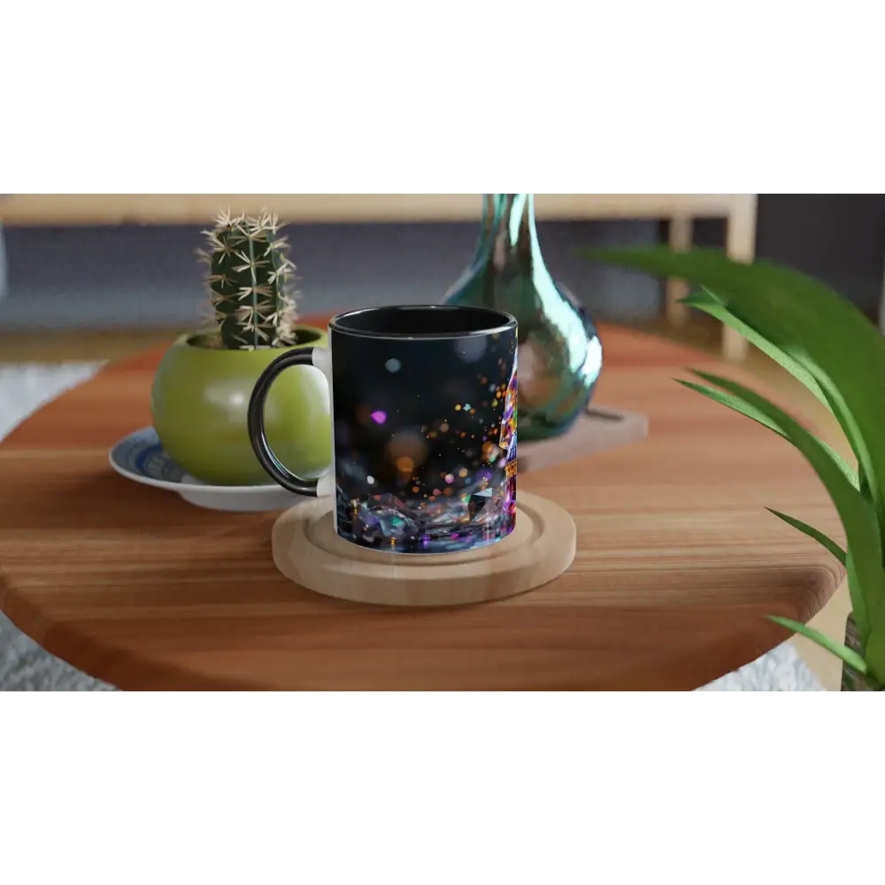 Black ceramic mug with colorful psychedelic design from PixiOnyx Psychedelic Sipware