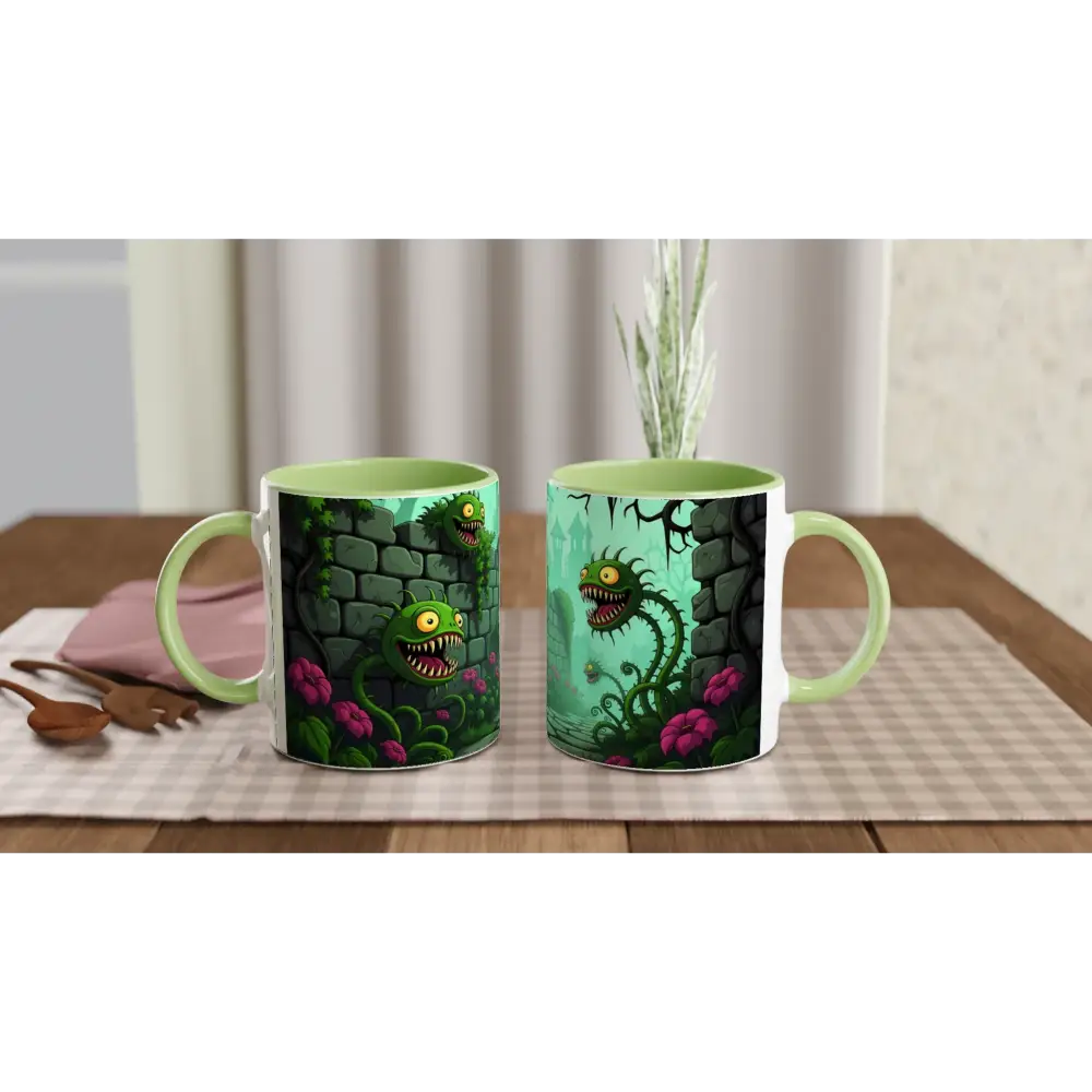 Two monster-themed ceramic mugs from PixiOnyx Surreal Fantasy Nature collection