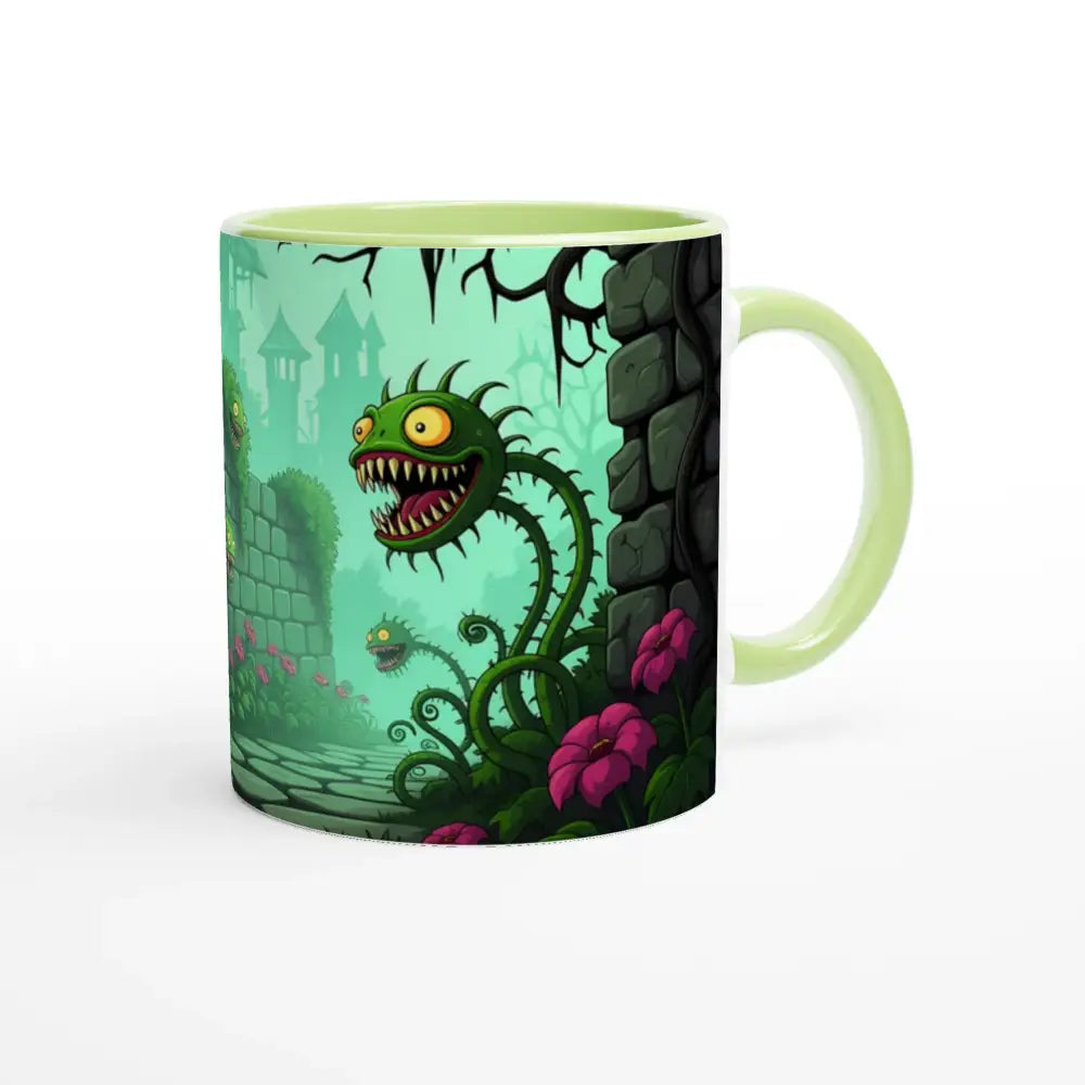 Ceramic Mug featuring cartoonish monster plant design from Grinvine Grove by PixiOnyx