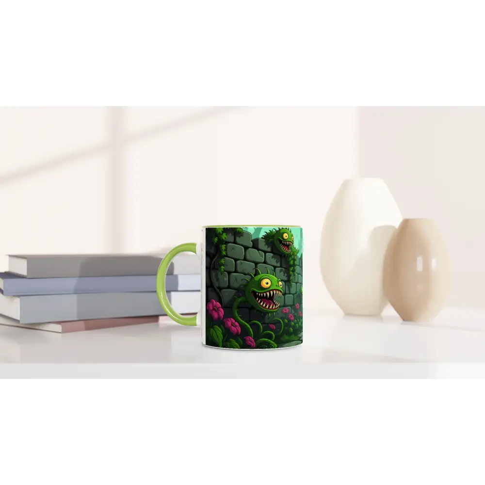 Green-handled ceramic mug with monster plant design from Grinvine Grove by PixiOnyx