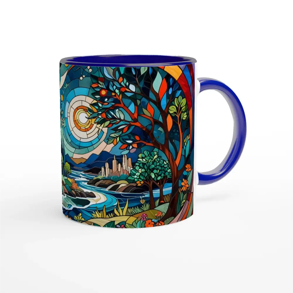 Blue-trimmed ceramic mug with stained-glass landscape design from PixiOnyx Kaleidoscape collection