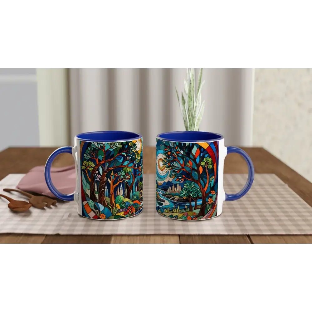 Blue-handled Ceramic Mugs with colorful Nature Scenes from PixiOnyx Stained Horizon collection