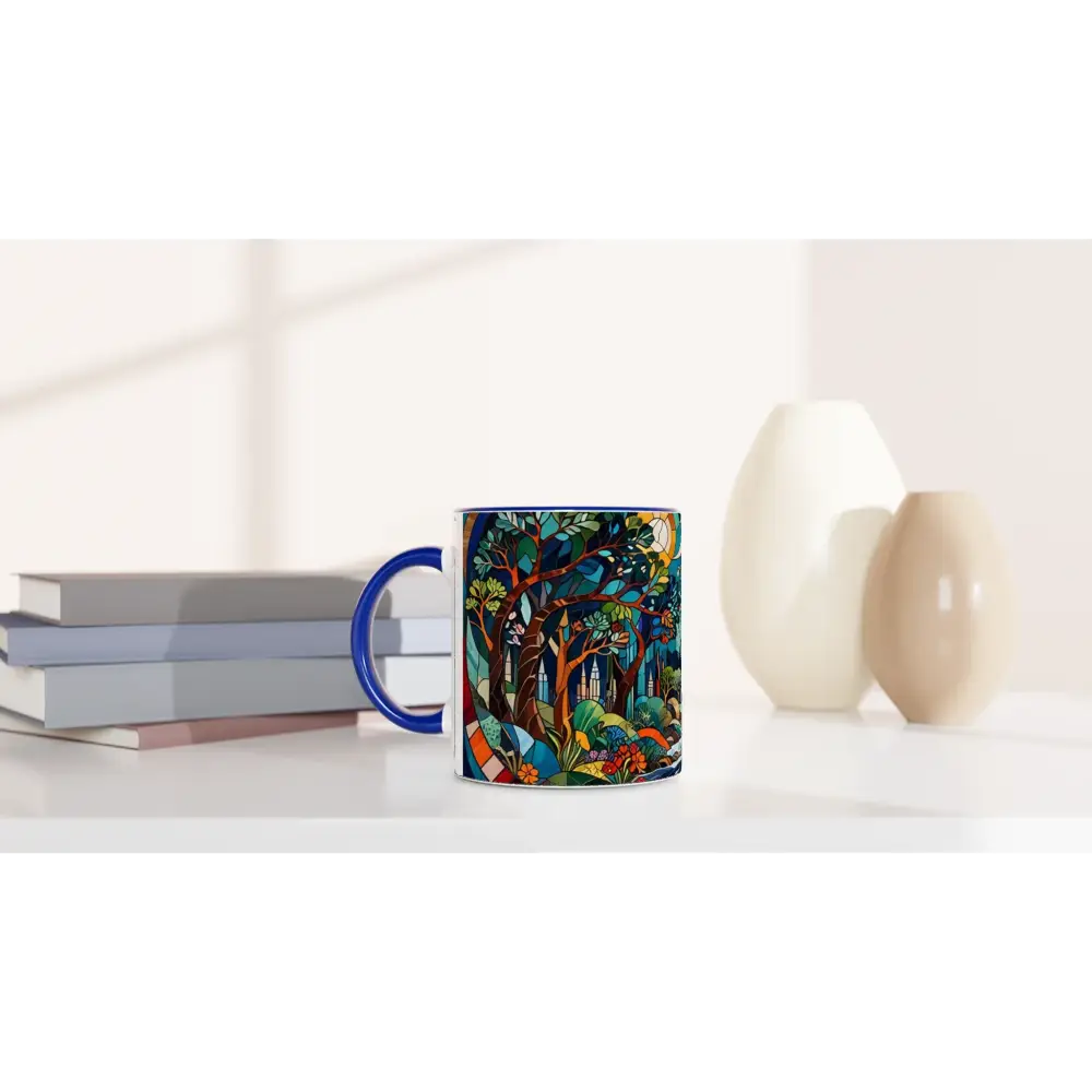 Blue-handled forest-themed ceramic mug from Stained Horizon PixiOnyx Kaleidoscape collection