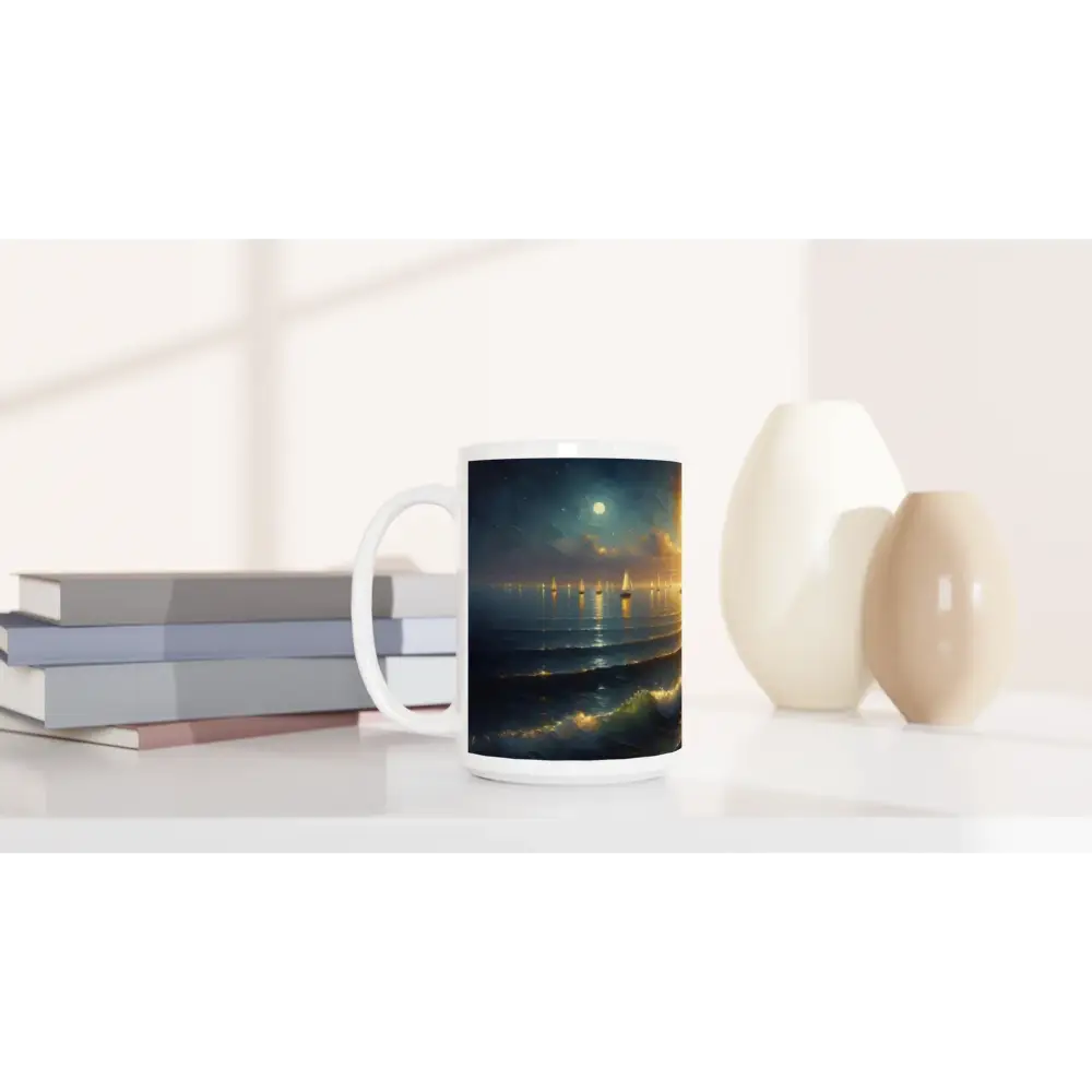 White ceramic mug with seascape design from PixiOnyx Painterly Lighthouse Series