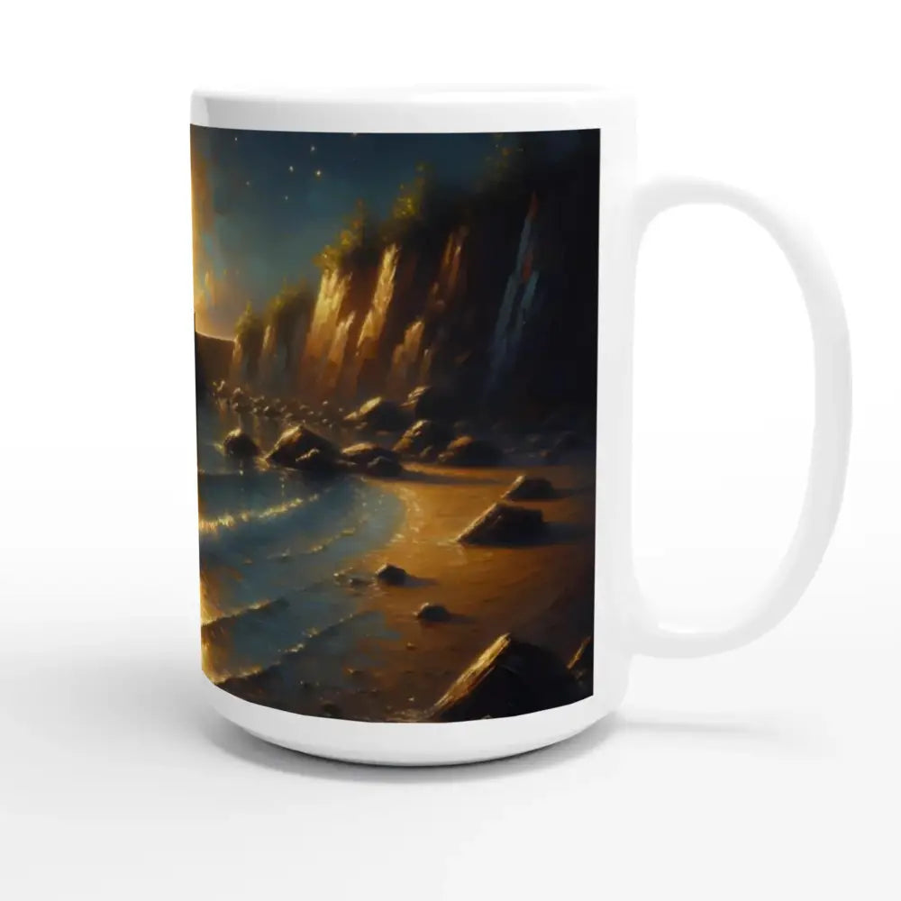 White ceramic mug with beach scene from PixiOnyx Painterly Lighthouse Series