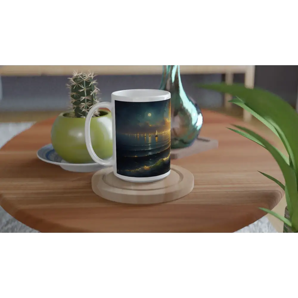 Nighttime ocean scene ceramic mug from PixiOnyx Lighthouse Series