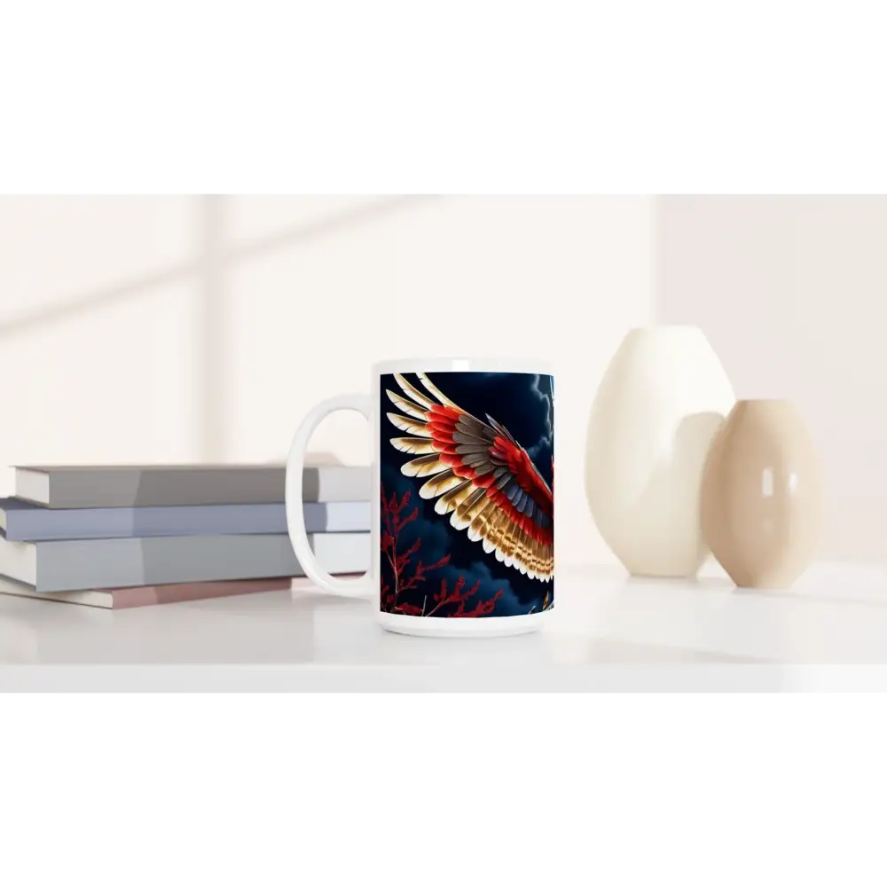 15oz Ceramic Mug featuring colorful wing design titled Crimson Wings Unfurled from PixiOnyx