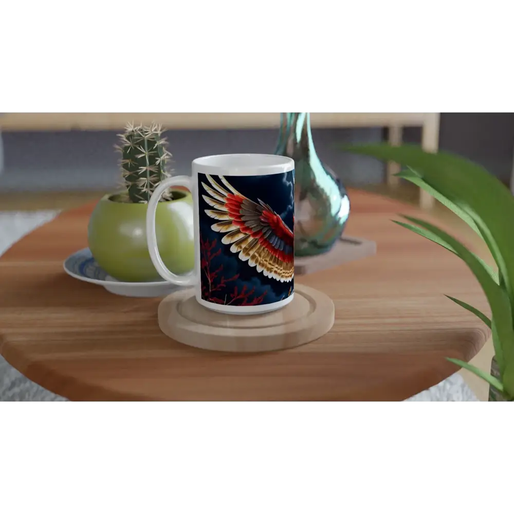 White 15oz ceramic mug with colorful crimson wing design for celestial brew enthusiasts