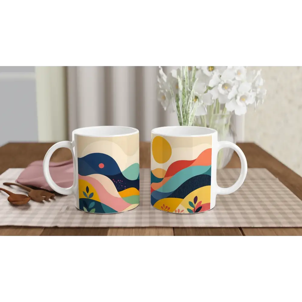 Decorative ceramic mugs featuring abstract nature landscape design for PixiOnyx Dreamscape Sip
