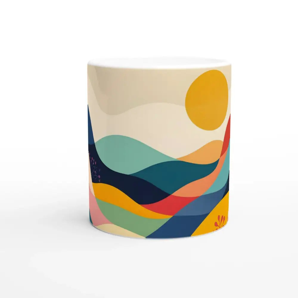 Colorful landscape ceramic mug featuring an abstract nature scene for sipping pleasure