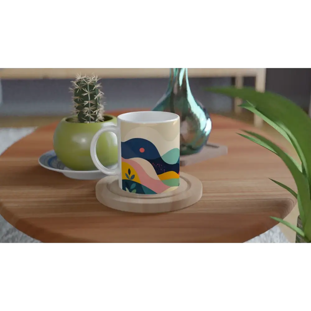 Decorated ceramic mug featuring abstract nature landscape design by PixiOnyx Dreamscape Sip